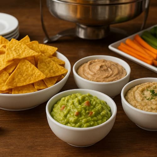 Ассорти закусок с кукурузными чипсами Гуакамоле, Паштет из куриной печени, Бабагануш для фуршета в Алматы, кейтеринг